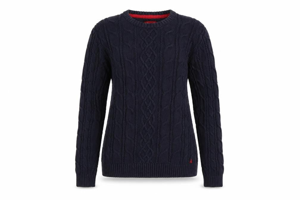 Front view of Musto Women’s Blue UK 12 Cable-Knit Cotton Crew Neck jumper