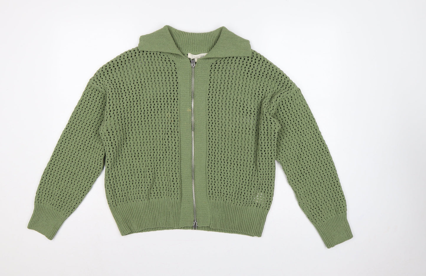 Greige Women Green M Full Zip Open Knit Collared Jumper