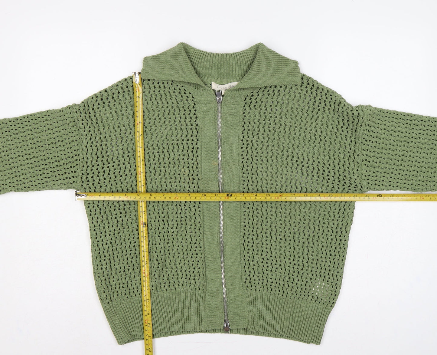 Greige Women Green M Full Zip Open Knit Collared Jumper