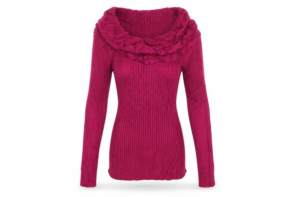 It's Our Time Women Pink L Ribbed Cowl Neck Ruffle Knit Jumper