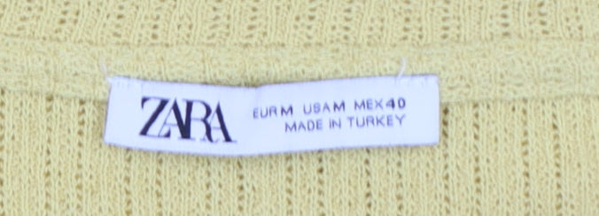 Zara Women Yellow M Short Sleeve Rib Knit Crew Neck Pullover Jumper