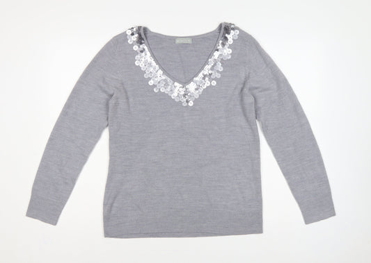 Per Una Women Grey Size 16 Sequin V-Neck Long Sleeve Knit Jumper