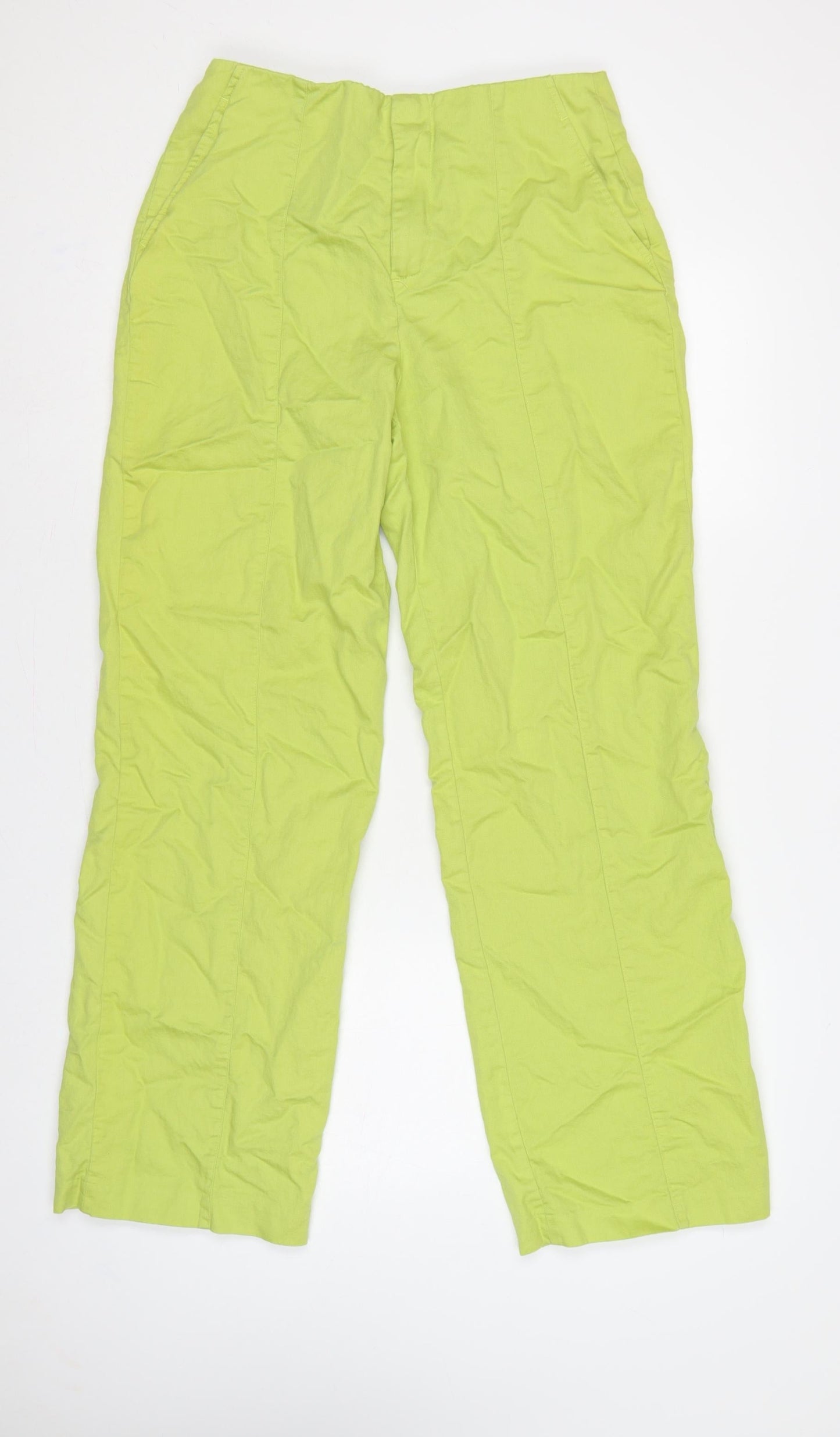 Zara Women Green M Cotton Linen Straight Trousers Pockets