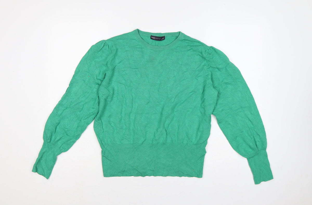 Marks & Spencer Women Green L Cable Knit Puff Sleeve Jumper