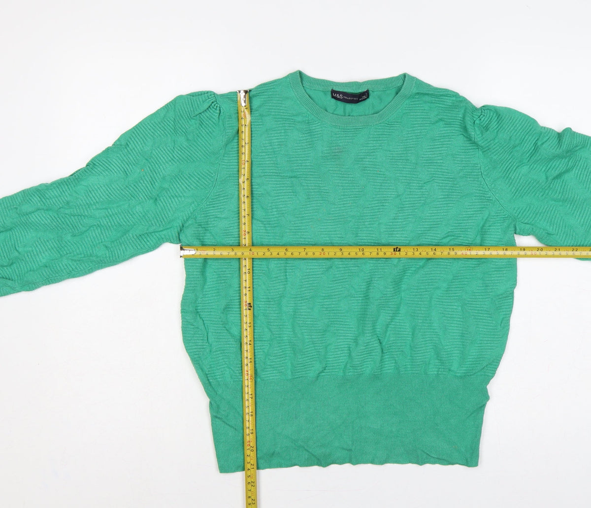 Marks & Spencer Women Green L Cable Knit Puff Sleeve Jumper