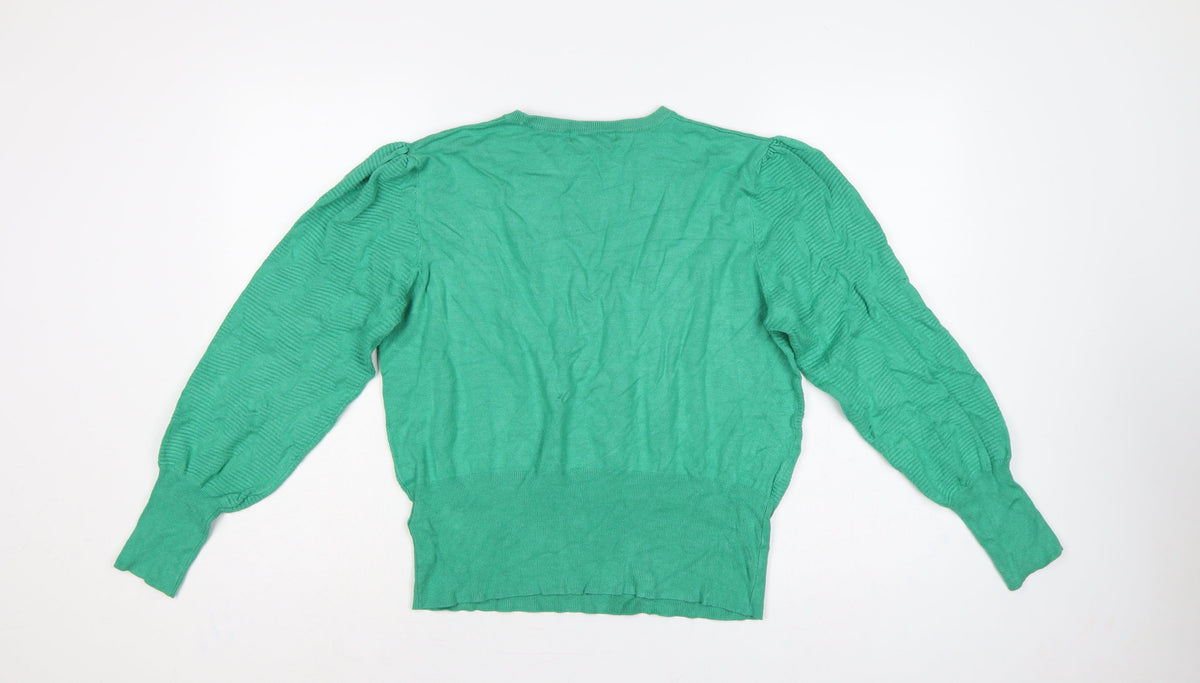 Marks & Spencer Women Green L Cable Knit Puff Sleeve Jumper
