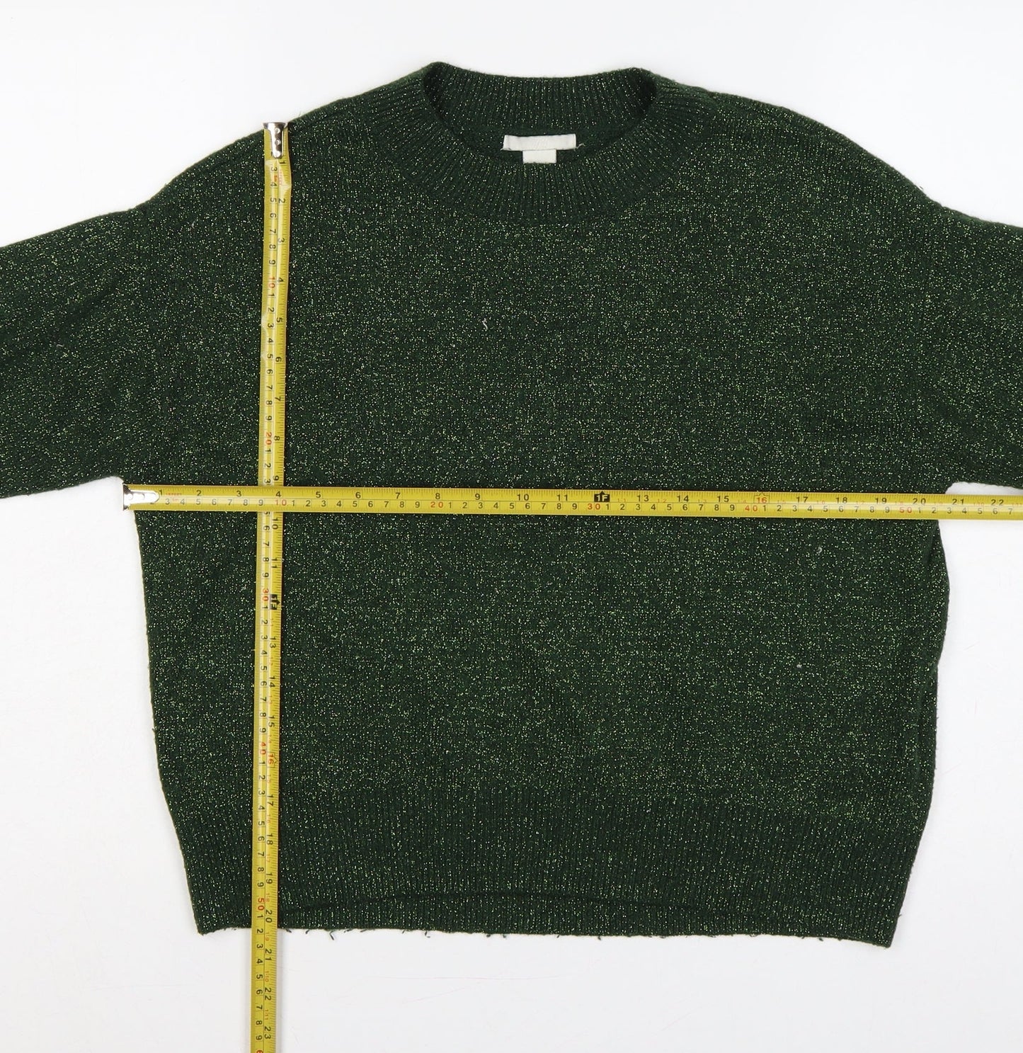 H&M Women Green Gold Glitter Knit Crew Neck Pullover Jumper XS