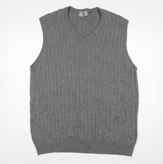 Marks and Spencer Men Grey XL Cable Knit Cotton V-Neck Vest Jumper
