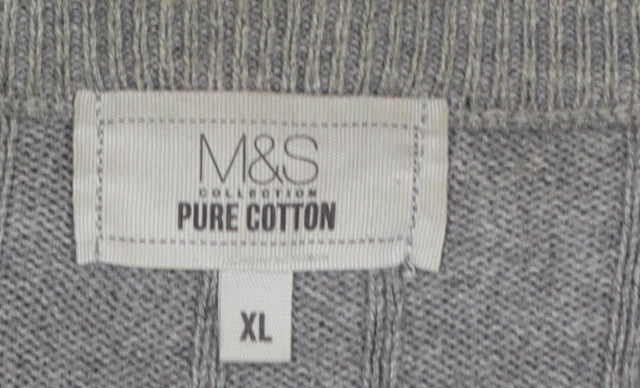 Marks and Spencer Men Grey XL Cable Knit Cotton V-Neck Vest Jumper