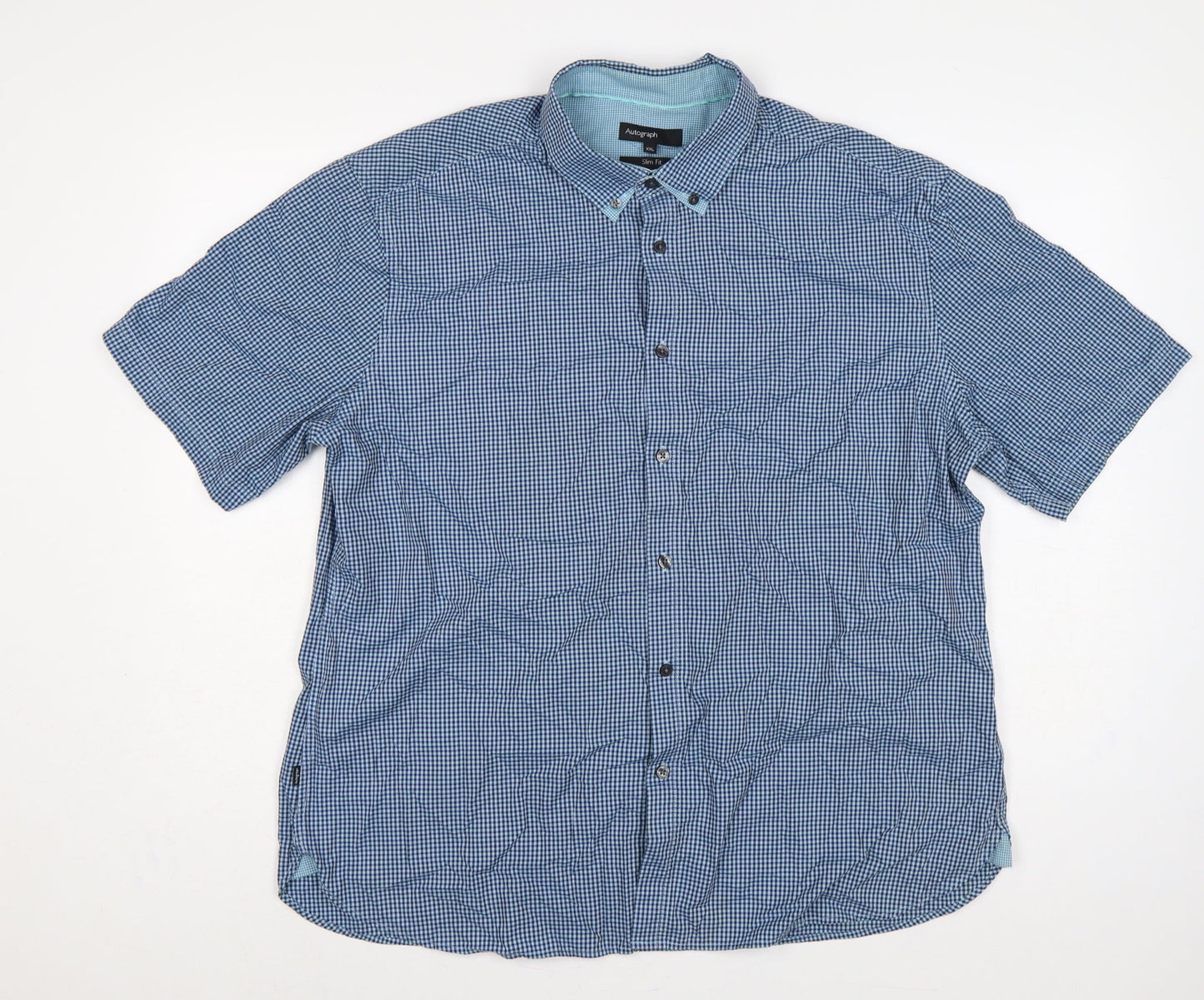 M&S Autograph Men’s Blue Check Slim Fit 2XL Short Sleeve Shirt