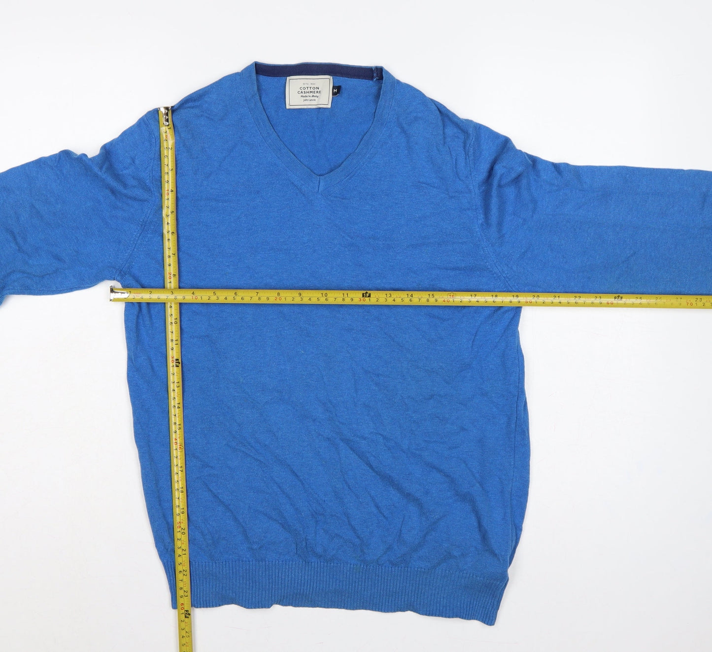 John Lewis Men's Blue M Cotton Cashmere V-Neck Pullover Jumper