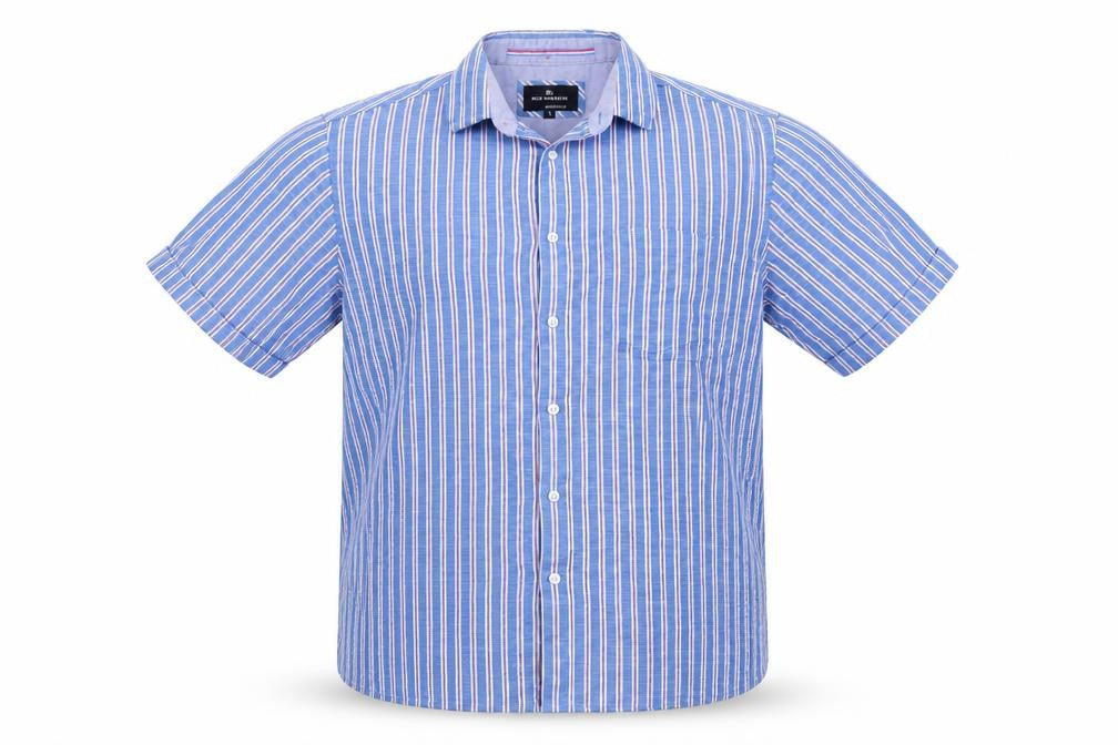 Marks & Spencer Men Blue Large Regular Fit Striped Short Sleeve Shirt