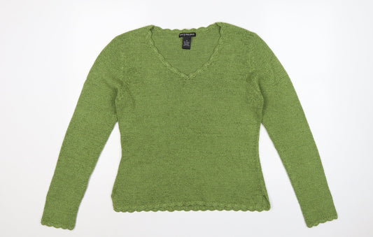 Babette Ballinger Women Green M V-Neck Raglan Knit Pullover Jumper