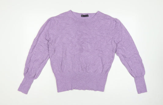 Marks and Spencer Women Purple L Puff Sleeve Crew Neck Jumper