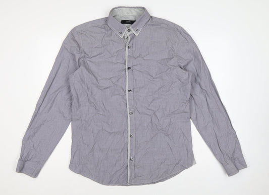 Next Men's Grey L Cotton Button-Down Long Sleeve Casual Shirt