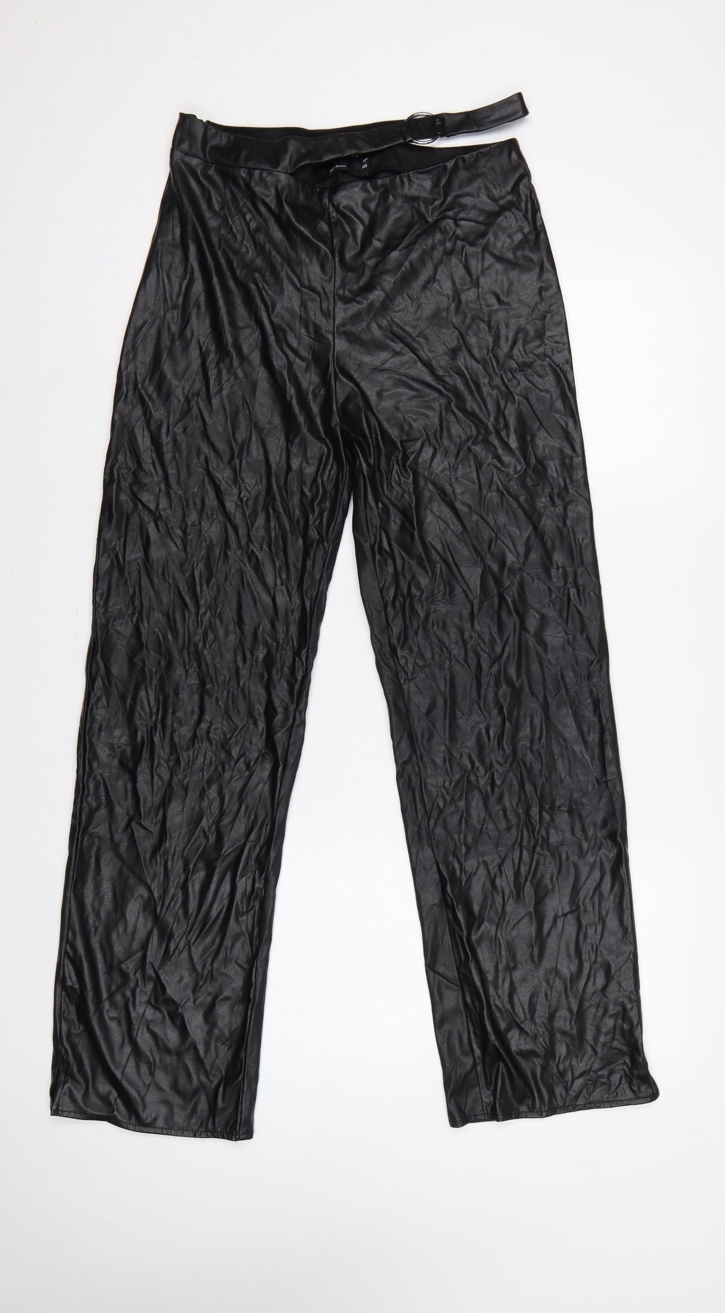 ASOS Design Women Black UK 12 Faux Leather Wide-Leg Belted Trousers