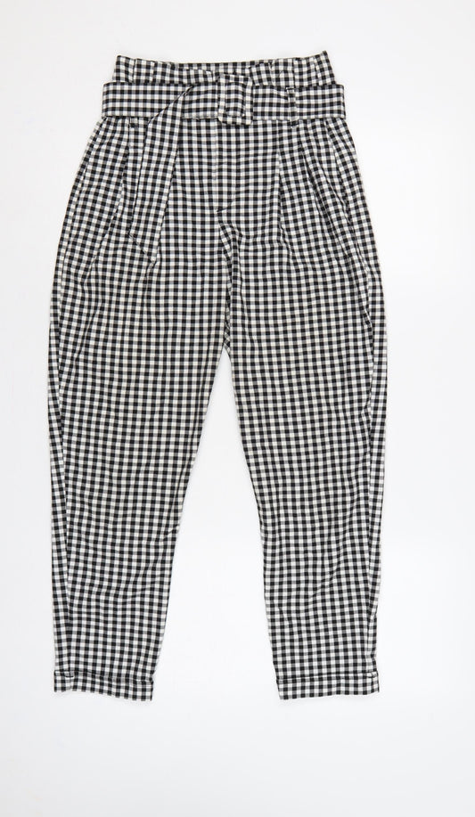 Bershka Women Black White Check Paperbag Tapered Trousers UK 8