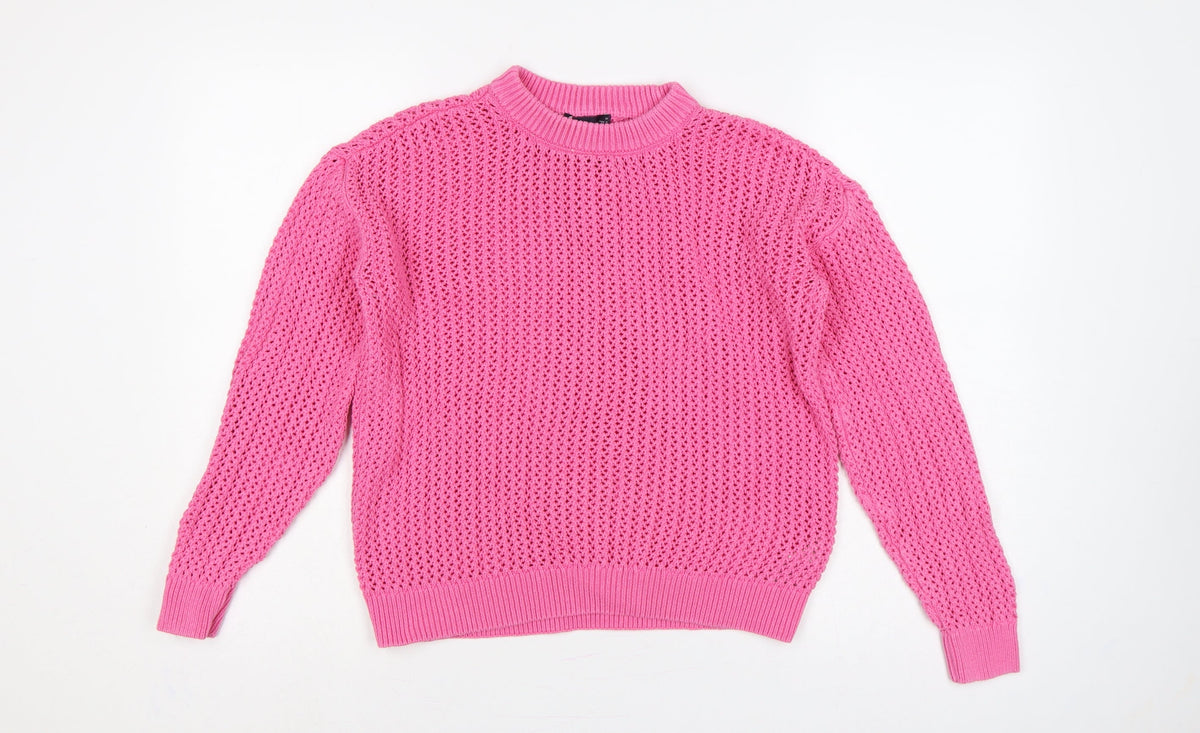 Marks & Spencer Women Pink M Open Knit Cotton Crew Neck Jumper