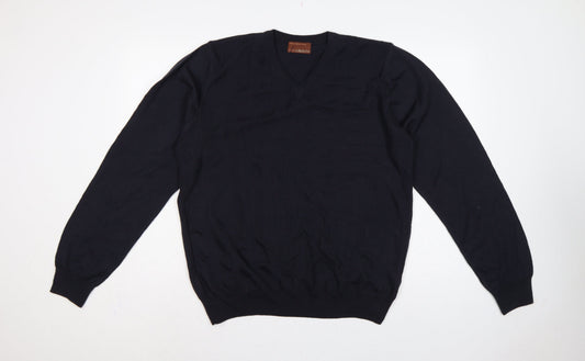 M&S Men’s Black L Merino Wool V-Neck Pullover Jumper Classic Knit
