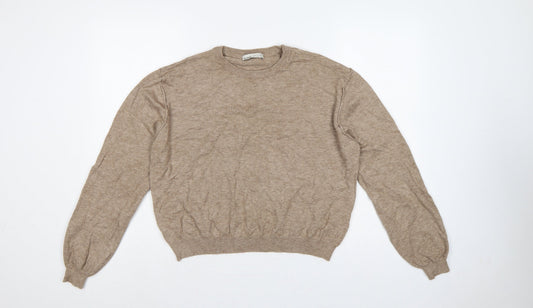 Pull&Bear Women’s Beige L Crew Neck Balloon Sleeve Knit Jumper