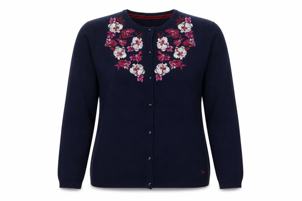 Country Rose Women’s Blue XL Floral Embroidered Crew Neck Cardigan