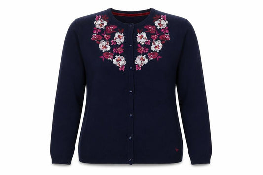 Country Rose Women’s Blue XL Floral Embroidered Crew Neck Cardigan