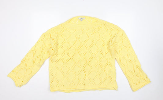 Marks & Spencer Women Yellow L Argyle Open Knit Round Neck Jumper