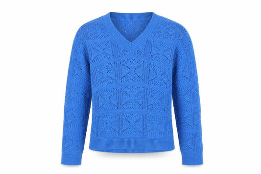 Next Women Blue XS V-Neck Geometric Open Knit Cotton Jumper