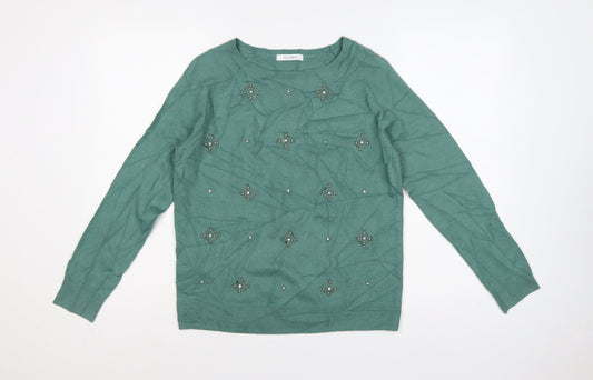 M&S Women’s Green UK 10 Beaded Jewel Round Neck Knit Pullover Jumper