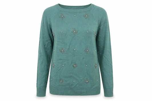 Marks & Spencer Women’s Green UK 10 Beaded Jewel Round Neck Knit Pullover Jumper