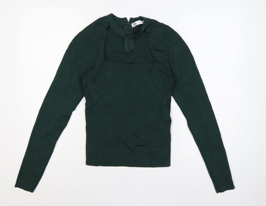 Zara Women Green L Rib Knit 1/4 Zip Ruffle Neck Jumper