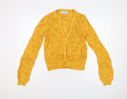 Moves Women Yellow S Open Knit Cotton V-Neck Button Cardigan