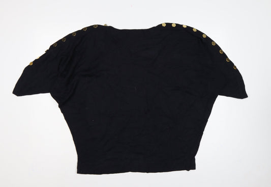 Jaeger Women’s Black XL Wool Batwing Pullover Gold Button Jumper