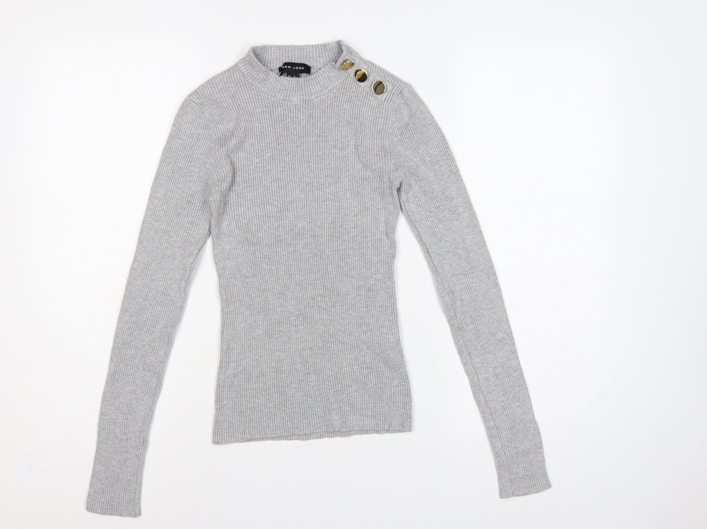 New Look Women Grey UK 8 Ribbed Mock Neck Button Slim Jumper