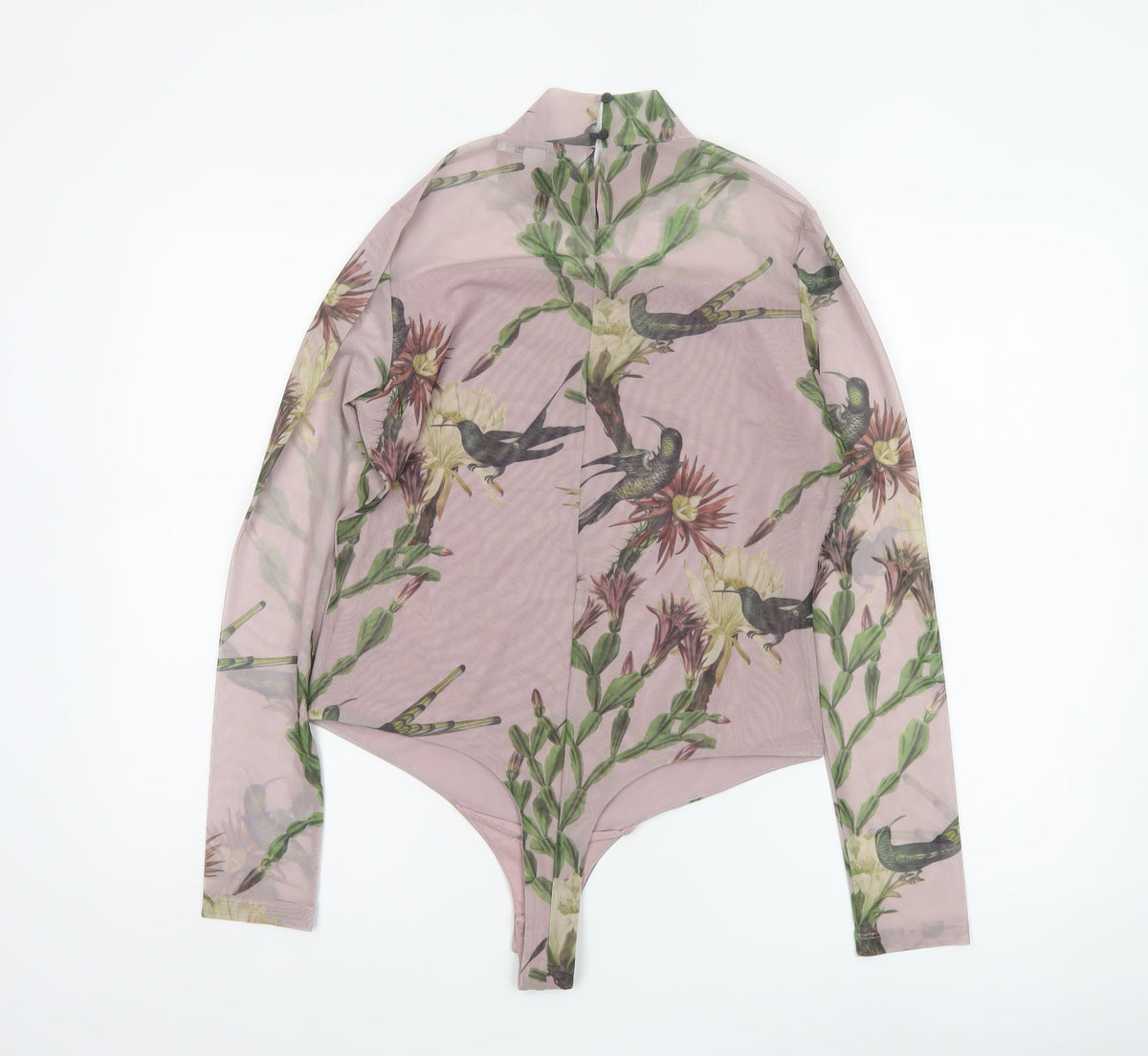 AllSaints Women Pink Floral Bird Mesh Bodysuit UK 12 Long Sleeve