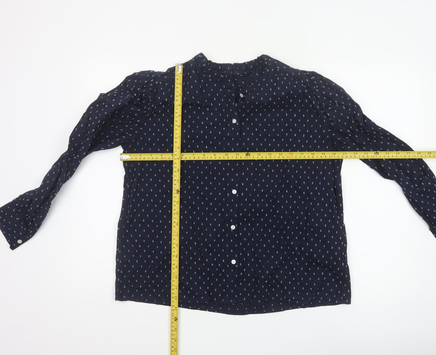 Marks and Spencer Women Blue UK 12 Ruffle Geometric Button-Up Blouse