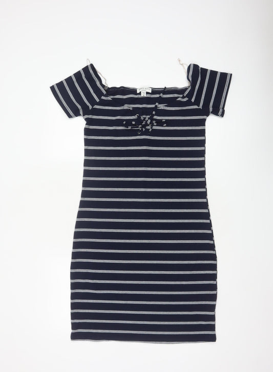 Brave Soul Women Navy Stripe UK 14 Bodycon Off Shoulder Knit Dress