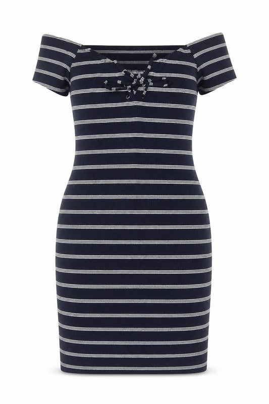 Brave Soul Women Navy Stripe UK 14 Bodycon Off Shoulder Knit Dress