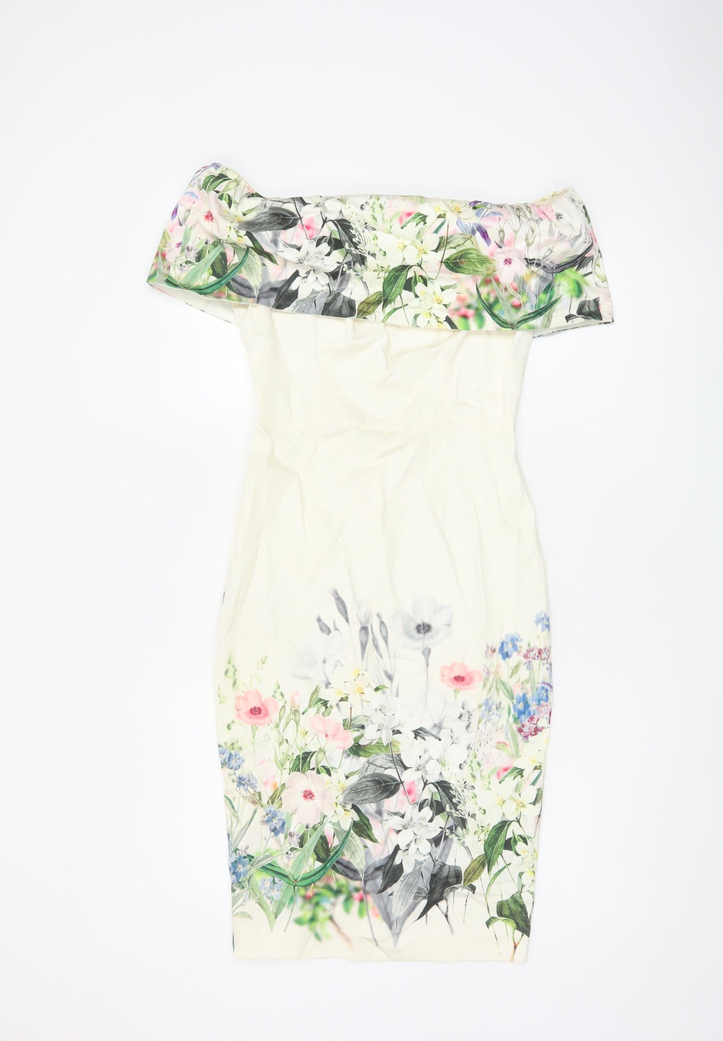 ASOS Women Ivory Floral Off Shoulder Bodycon Dress UK 8 Wedding
