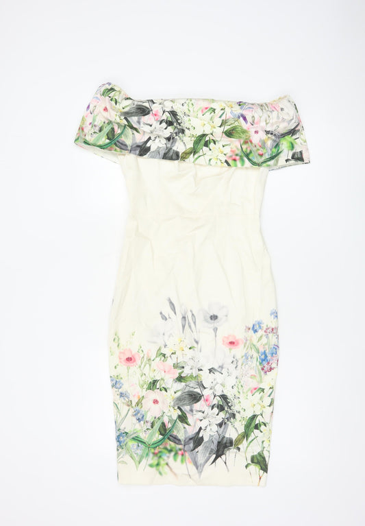 ASOS Women Ivory Floral Off Shoulder Bodycon Dress UK 8 Wedding