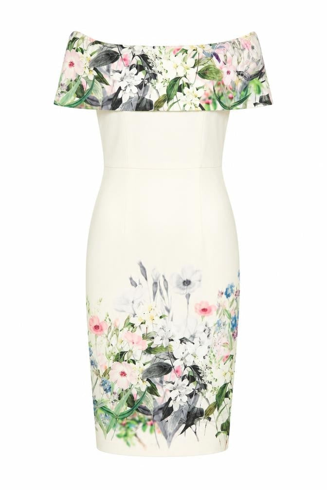 Front view of ASOS Women Ivory Floral Off Shoulder Bodycon Dress UK 8 Wedding
