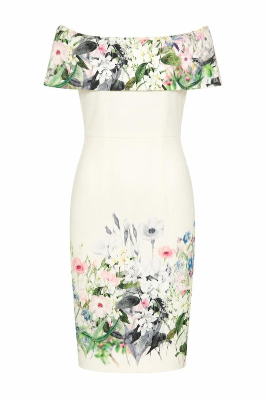Front view of ASOS Women Ivory Floral Off Shoulder Bodycon Dress UK 8 Wedding