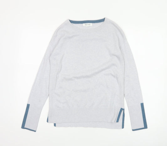 White Stuff Women Grey Blue Trim Knit Jumper UK 6 Crew Neck