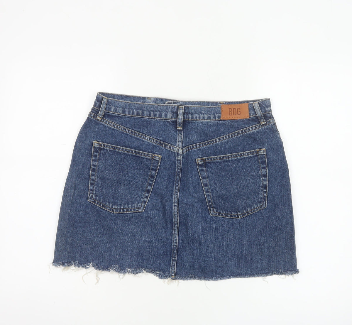 Close-up detail of BDG Urban Outfitters Women’s Blue L Mini Denim Raw Hem Skirt
