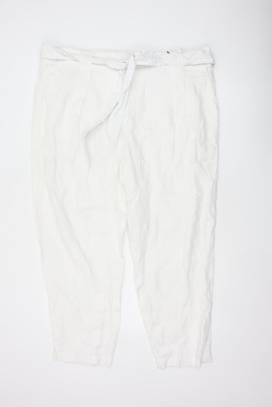 Marks & Spencer Women White Size 22 Linen Belted Tapered Trousers