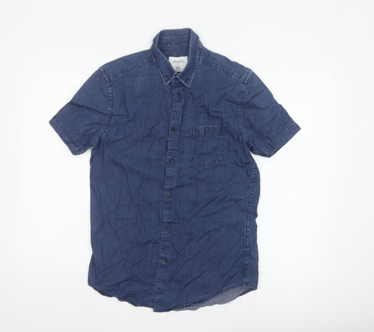 Burton Menswear London Men Blue Small Slim Denim Short Sleeve Button-Up Shirt