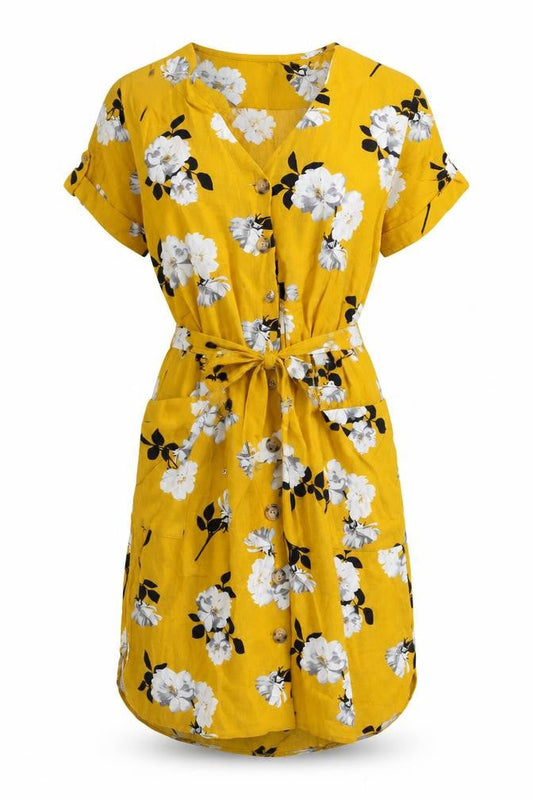 Dorothy Perkins Women’s Yellow Floral UK 8 Button Front Shirt Dress