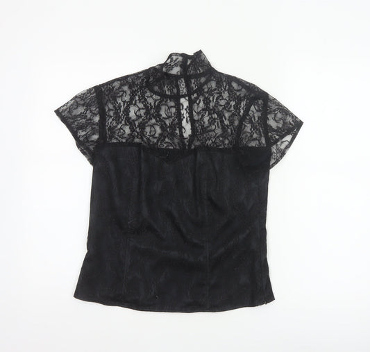 Minuet Women Black UK 12 Floral Lace High Neck Short Sleeve Blouse