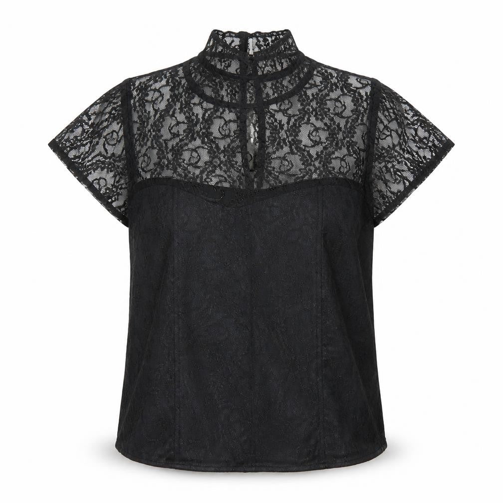 Minuet Women Black UK 12 Floral Lace High Neck Short Sleeve Blouse