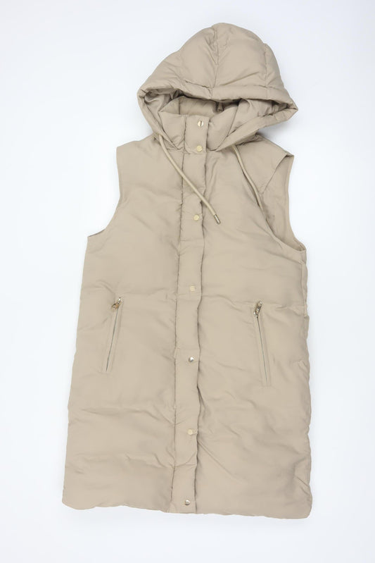Zara Women Beige S Long Hooded Puffer Waistcoat Gilet